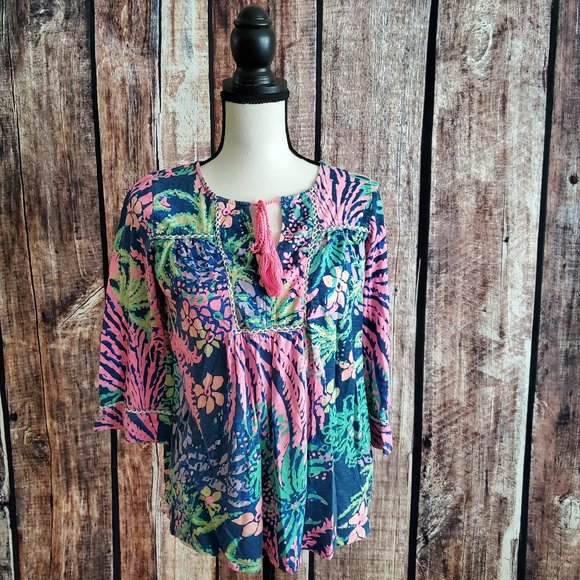 Lilly Pulitzer Tops - Lilly Pulitzer Size XS Cotton Tunic Top with Pink Tassel Tie